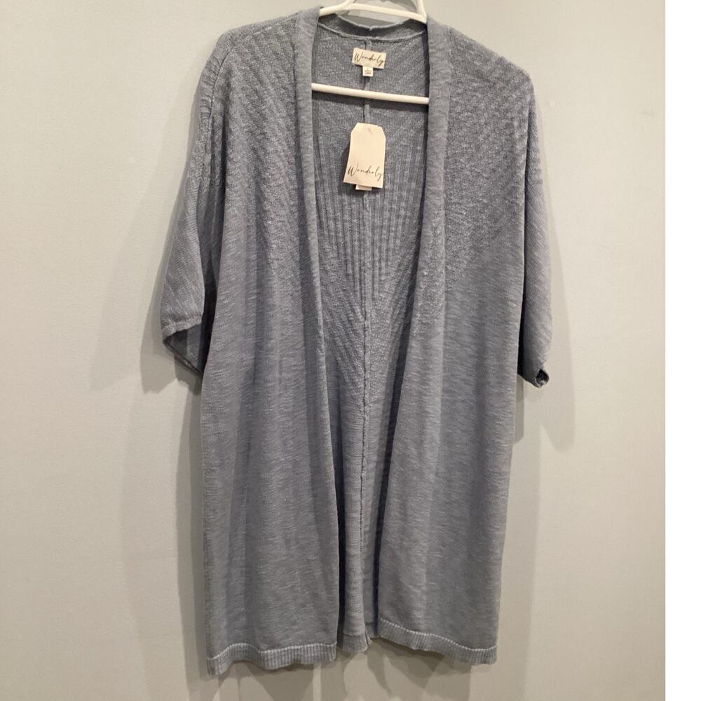 Wonderly Womens Open Cardigan Size Large Long Duster Blue NEW Cotton Beach Prep